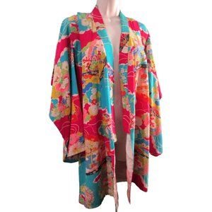 Silk Haori Happi Coat Short Kimono Bright Floral Damage Hand Made Japan Vintage